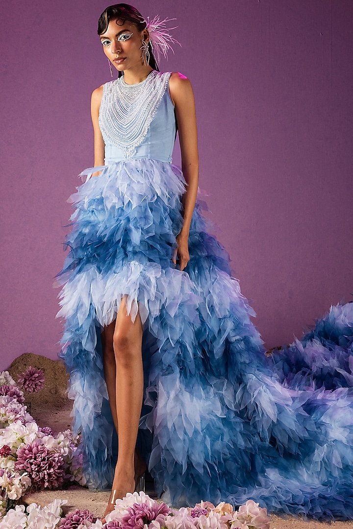 Blue Net & Organza Gown by Mala and Kinnary