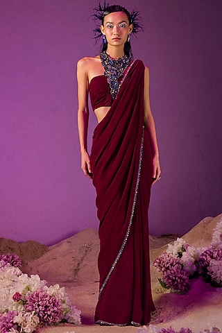 Wine Tulle Saree Set by Mala and Kinnary