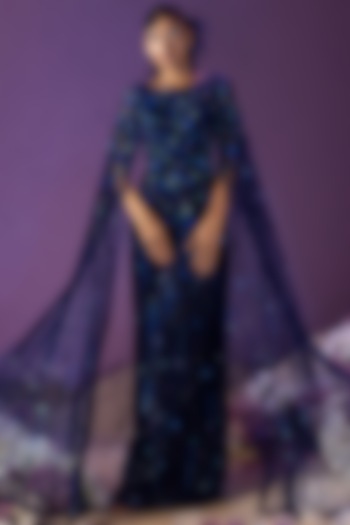 Dark Blue Net Embellished Gown by Mala and Kinnary at Pernia's Pop Up Shop