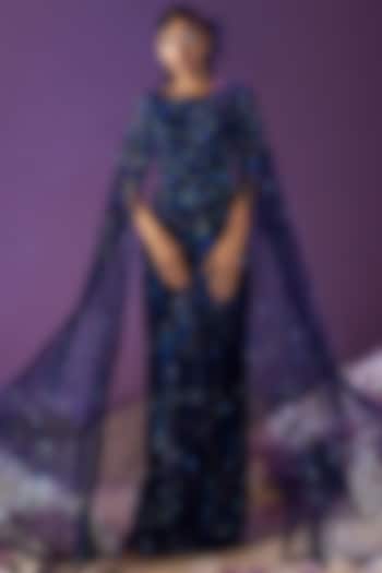 Dark Blue Net Embellished Gown by Mala and Kinnary
