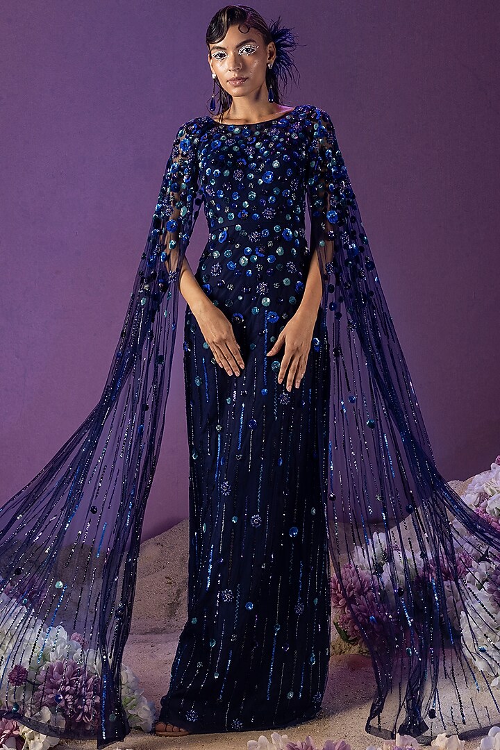 Dark Blue Net Embellished Gown by Mala and Kinnary at Pernia's Pop Up Shop