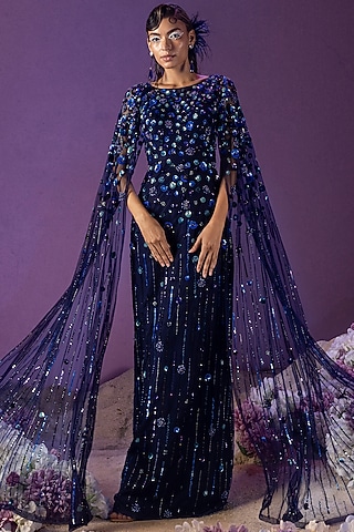 Dark Blue Net Embellished Gown by Mala and Kinnary