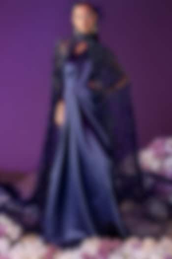 Dark Blue Satin Draped Gown With Cape by Mala and Kinnary