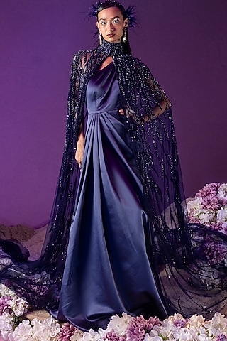Dark Blue Satin Draped Gown With Cape by Mala and Kinnary
