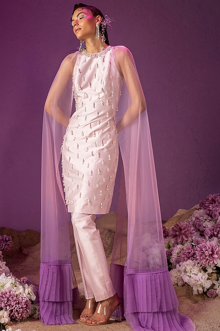 Powder Pink Pure Organza Kurta Set by Mala and Kinnary at Pernia's Pop Up Shop