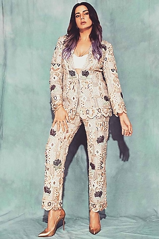 Off-White Embroidered Blazer Set by Payal Singhal