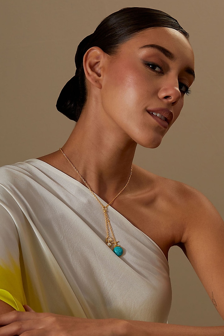 Gold Plated Turquoise Stone & Pearl Necklace by KIVAAKSHH at Pernia's Pop Up Shop