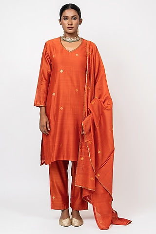 Orange Handwoven Chanderi Silk Embroidered Kurta Set by Kajal Agrawal