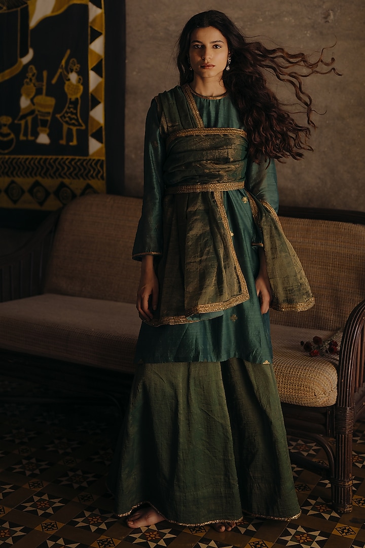 Green Handwoven Chanderi Silk Wedding Sharara Set by Kajal Agrawal at Pernia's Pop Up Shop