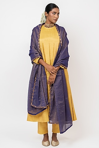 Yellow Handwoven Tissue Silk Anarkali Set by Kajal Agrawal