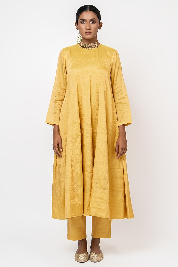 Yellow Handwoven Tissue Silk Wedding Anarkali Set by Kajal Agrawal at Pernia's Pop Up Shop