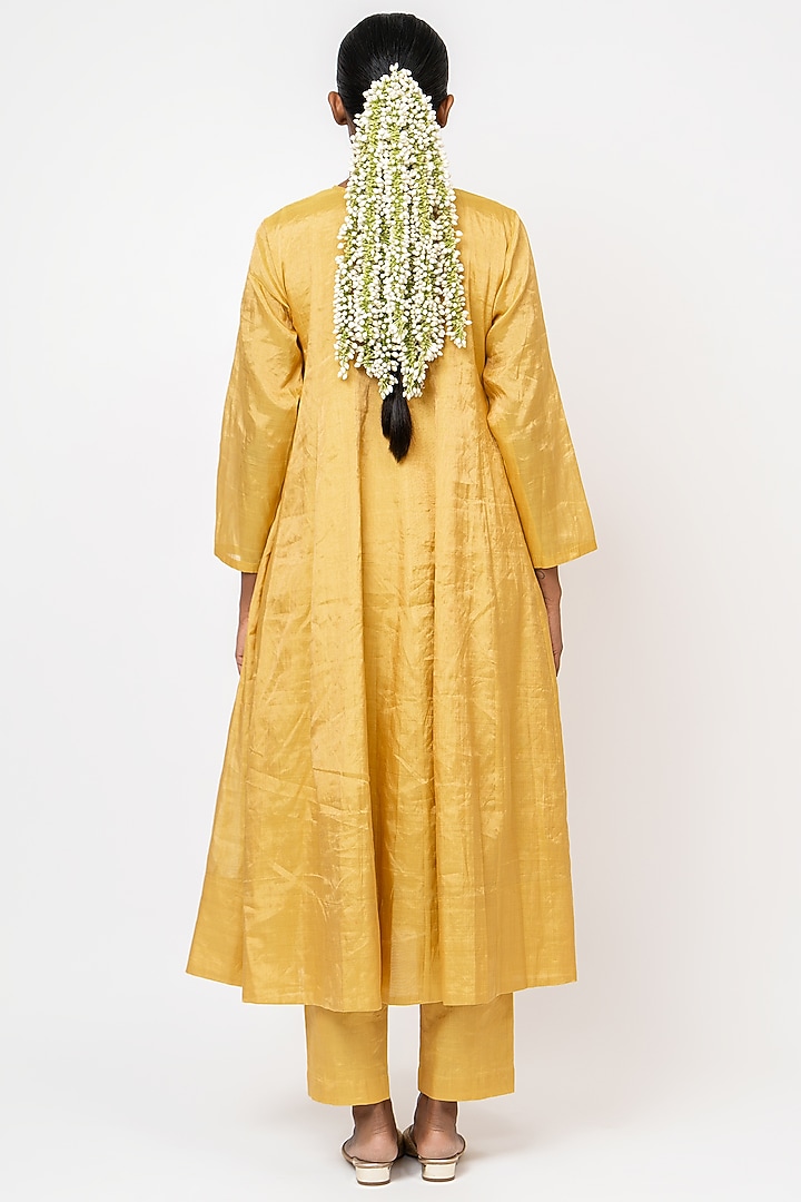 Yellow Handwoven Tissue Silk Wedding Anarkali Set by Kajal Agrawal at Pernia's Pop Up Shop