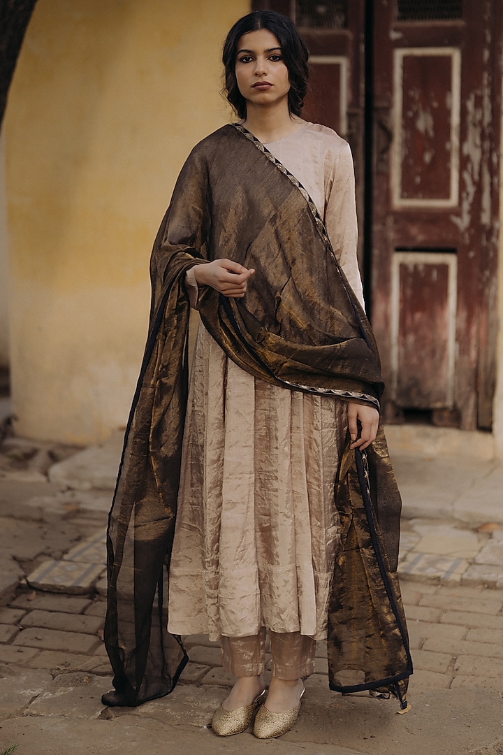Beige Handwoven Tissue Silk Wedding Anarkali Set by Kajal Agrawal at Pernia's Pop Up Shop