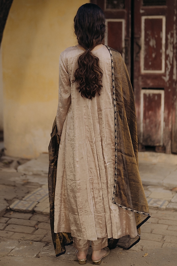 Beige Handwoven Tissue Silk Wedding Anarkali Set by Kajal Agrawal at Pernia's Pop Up Shop