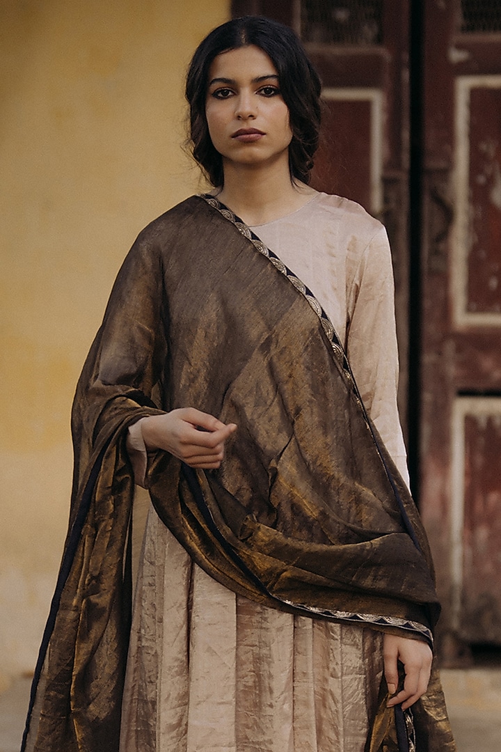 Beige Handwoven Tissue Silk Wedding Anarkali Set by Kajal Agrawal at Pernia's Pop Up Shop
