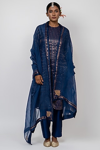 Blue Handwoven Stripe Chanderi Silk Hand Embroidered Kurta Set by Kajal Agrawal