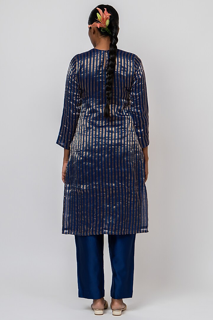 Blue Handwoven Stripe Chanderi Silk Hand Embroidered Kurta Set by Kajal Agrawal at Pernia's Pop Up Shop