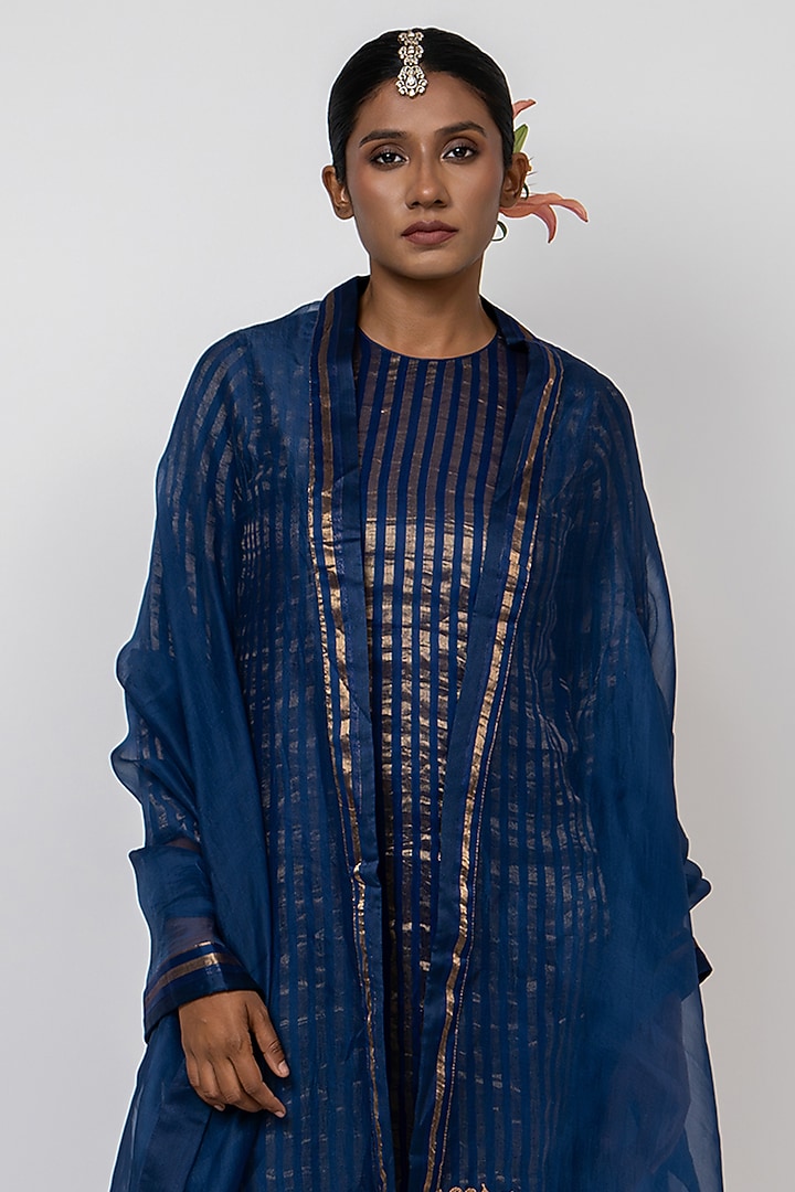Blue Handwoven Stripe Chanderi Silk Hand Embroidered Kurta Set by Kajal Agrawal at Pernia's Pop Up Shop