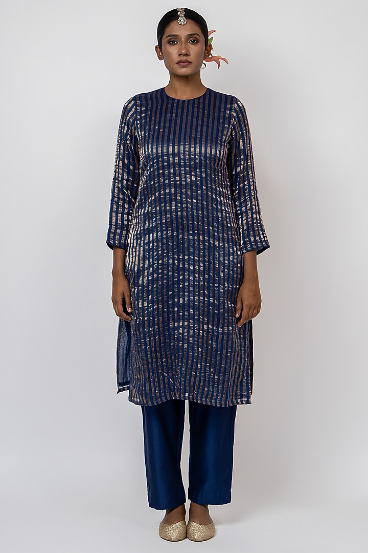 Blue Handwoven Stripe Chanderi Silk Hand Embroidered Kurta Set by Kajal Agrawal at Pernia's Pop Up Shop