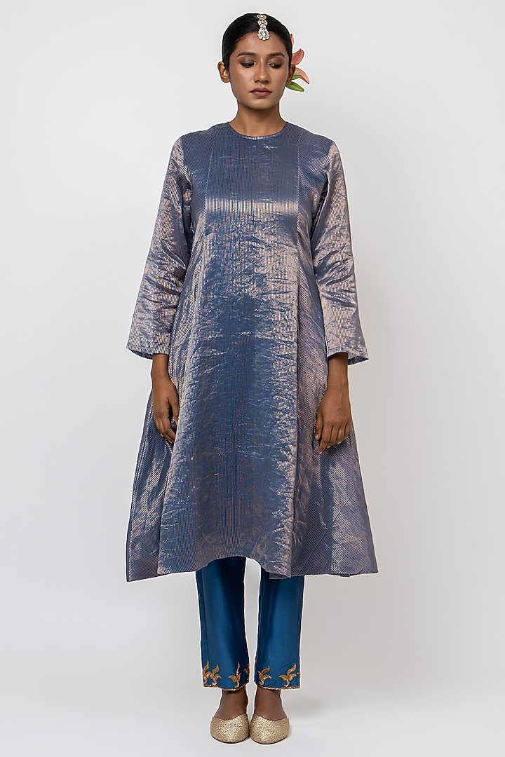 Blue Handwoven Stripe Chanderi Kurta Set by Kajal Agrawal at Pernia's Pop Up Shop