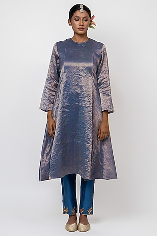 Blue Handwoven Stripe Chanderi Kurta Set by Kajal Agrawal