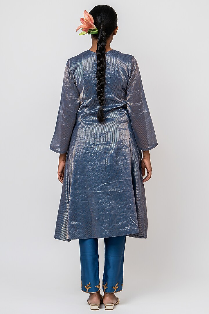 Blue Handwoven Stripe Chanderi Kurta Set by Kajal Agrawal at Pernia's Pop Up Shop