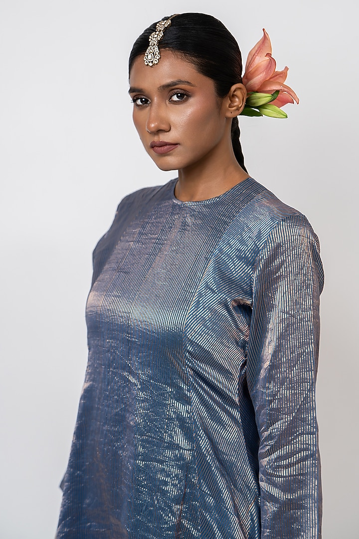 Blue Handwoven Stripe Chanderi Kurta Set by Kajal Agrawal at Pernia's Pop Up Shop