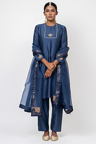 Blue Handwoven Chanderi Silk Embroidered Kurta Set by Kajal Agrawal