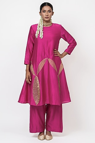 Pink Handwoven Chanderi Silk Embroidered Kurta Set by Kajal Agrawal