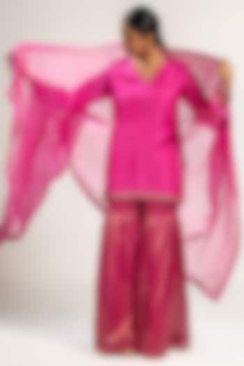 Pink Handwoven Chanderi Silk Wedding Sharara Set by Kajal Agrawal at Pernia's Pop Up Shop