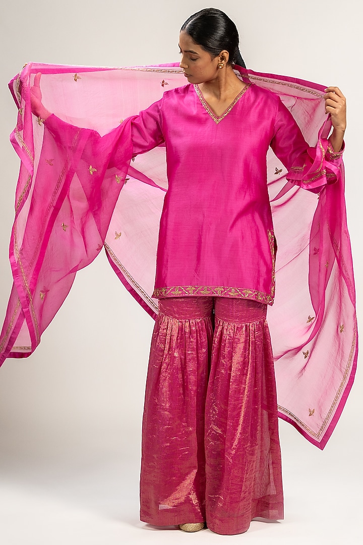 Pink Handwoven Chanderi Silk Wedding Sharara Set by Kajal Agrawal at Pernia's Pop Up Shop