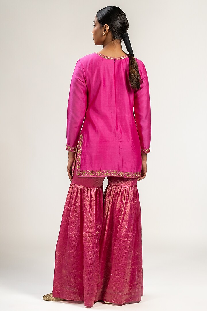 Pink Handwoven Chanderi Silk Wedding Sharara Set by Kajal Agrawal at Pernia's Pop Up Shop