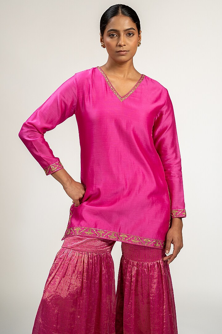 Pink Handwoven Chanderi Silk Wedding Sharara Set by Kajal Agrawal at Pernia's Pop Up Shop