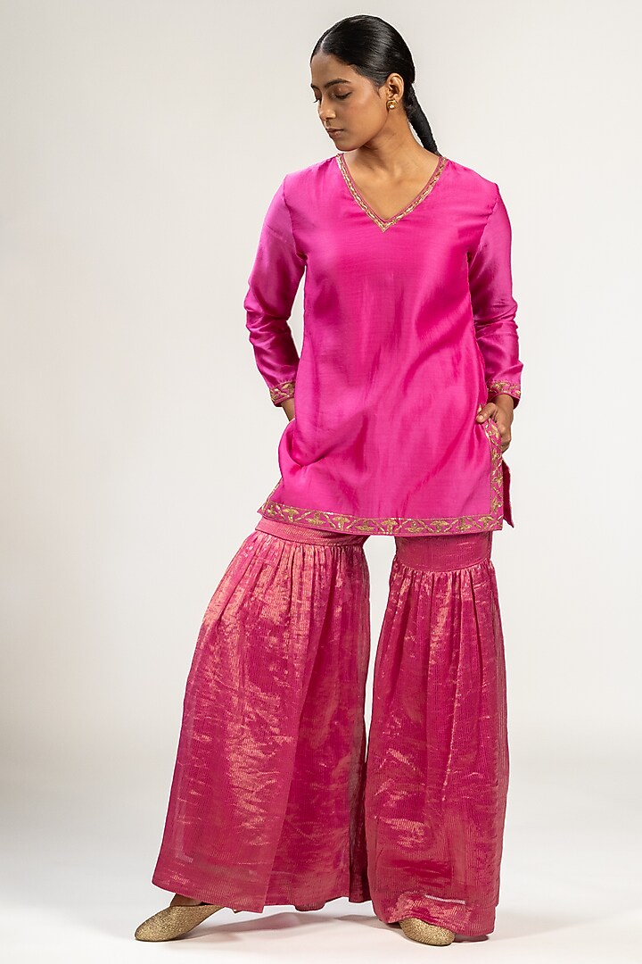Pink Handwoven Chanderi Silk Wedding Sharara Set by Kajal Agrawal at Pernia's Pop Up Shop
