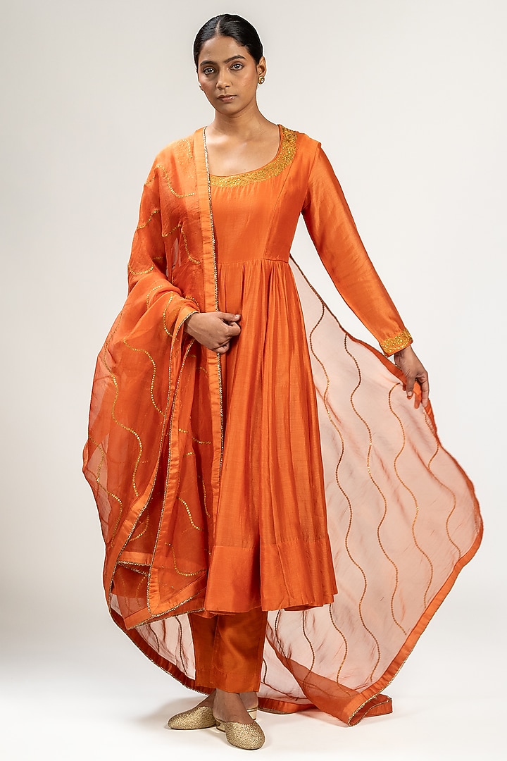 Orange Handwoven Chanderi Silk Embroidered Wedding Anarkali Set by Kajal Agrawal at Pernia's Pop Up Shop