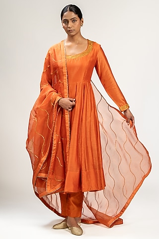 Orange Handwoven Chanderi Silk Embroidered Anarkali Set by Kajal Agrawal