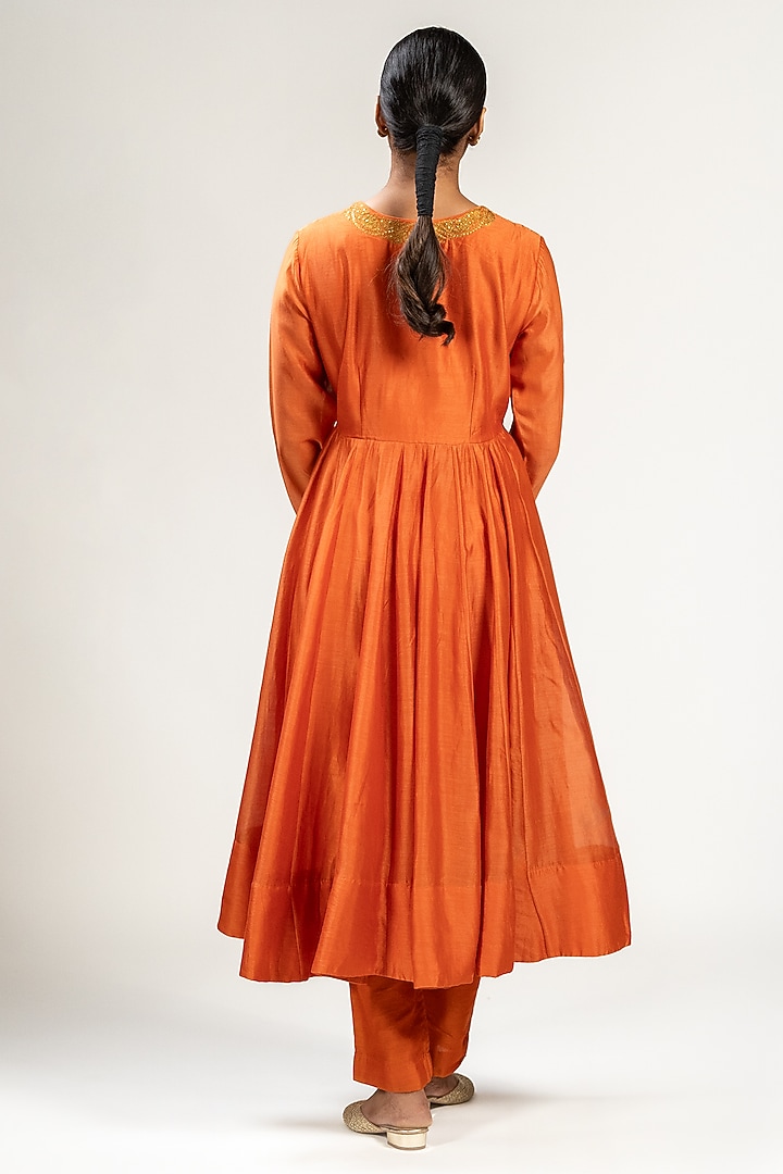 Orange Handwoven Chanderi Silk Embroidered Wedding Anarkali Set by Kajal Agrawal at Pernia's Pop Up Shop