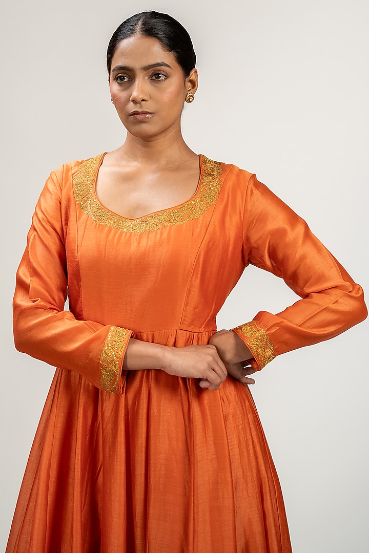 Orange Handwoven Chanderi Silk Embroidered Wedding Anarkali Set by Kajal Agrawal at Pernia's Pop Up Shop