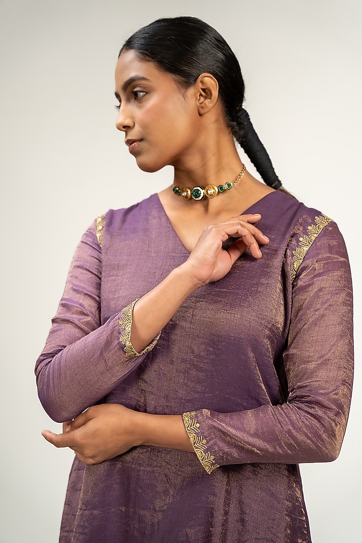 Purple Handwoven Zari Chanderi Embroidered Kurta Set by Kajal Agrawal at Pernia's Pop Up Shop