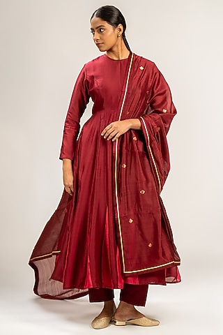 Wine Handwoven Chanderi Silk Embroidered Anarkali Set by Kajal Agrawal