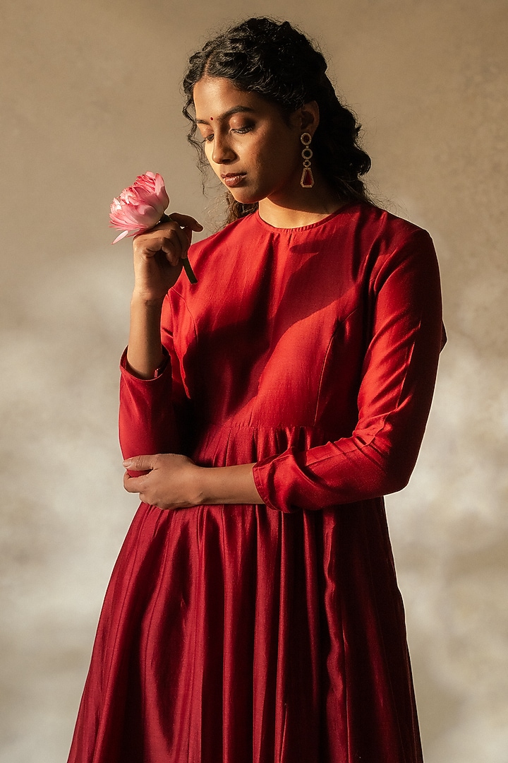 Wine Handwoven Chanderi Silk Embroidered Wedding Anarkali Set by Kajal Agrawal at Pernia's Pop Up Shop