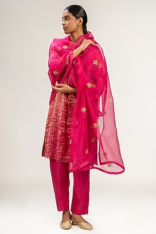 Pink Handwoven Stripe Chanderi Silk Embroidered Kurta Set by Kajal Agrawal