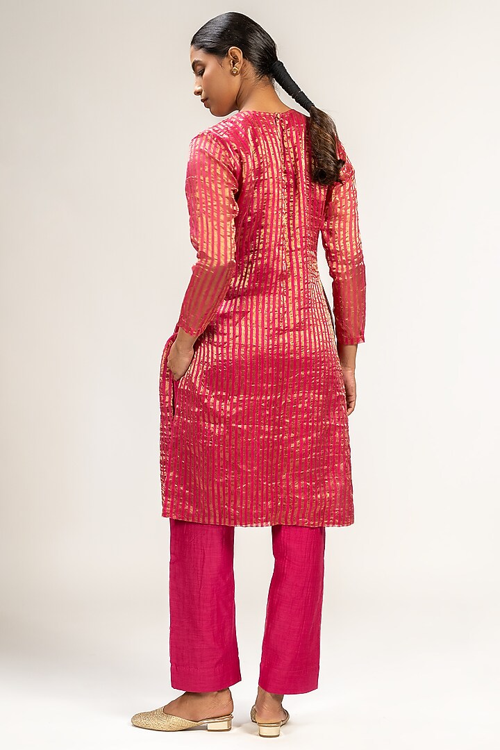 Pink Handwoven Stripe Chanderi Silk Embroidered Kurta Set by Kajal Agrawal at Pernia's Pop Up Shop