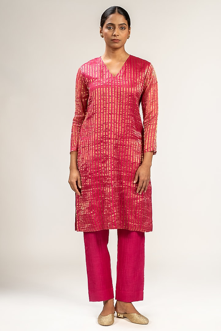 Pink Handwoven Stripe Chanderi Silk Embroidered Kurta Set by Kajal Agrawal at Pernia's Pop Up Shop