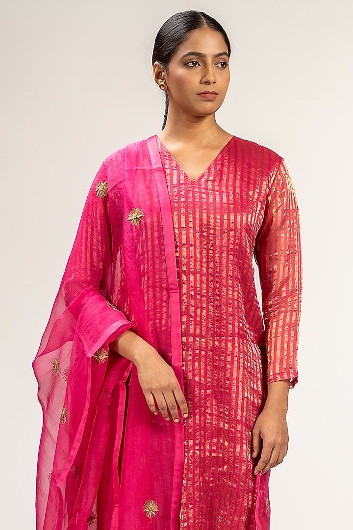 Pink Handwoven Stripe Chanderi Silk Embroidered Kurta Set by Kajal Agrawal at Pernia's Pop Up Shop