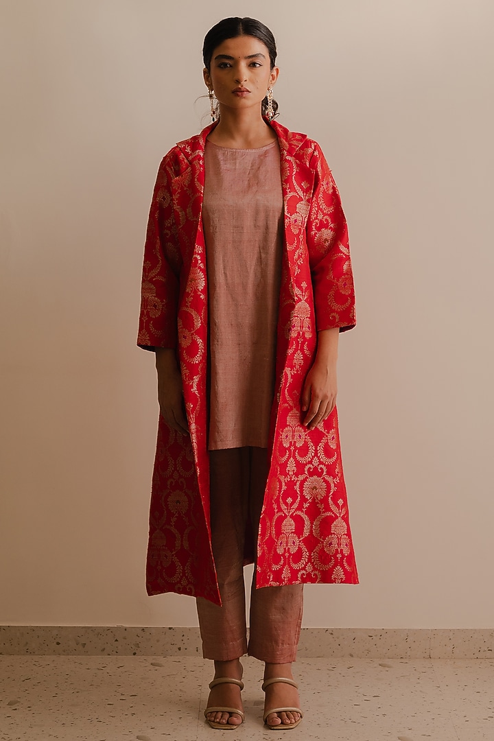 Red Banarasi Floral Printed Jacket Set by Kajal Agrawal at Pernia's Pop Up Shop