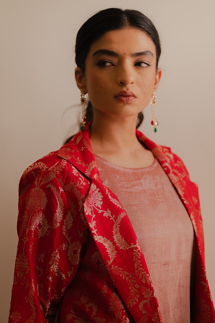 Red Banarasi Floral Printed Jacket Set by Kajal Agrawal at Pernia's Pop Up Shop