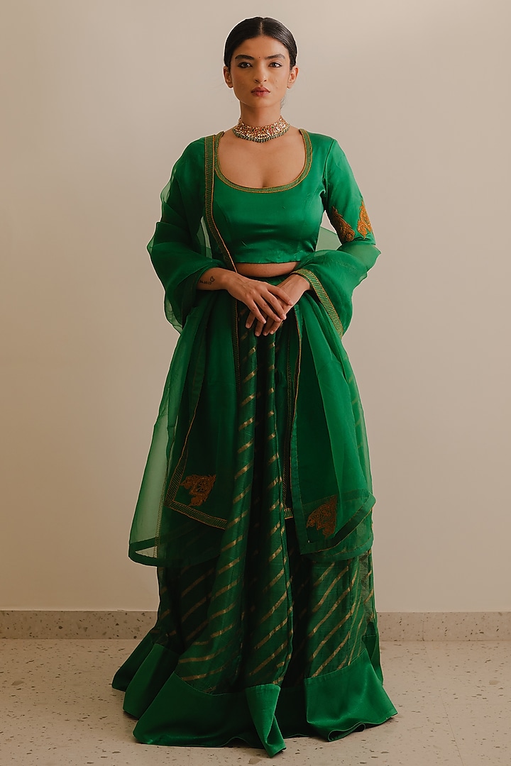 Green Handwoven Chanderi Silk Kalidar Leheriya Lehenga Set  by Kajal Agrawal