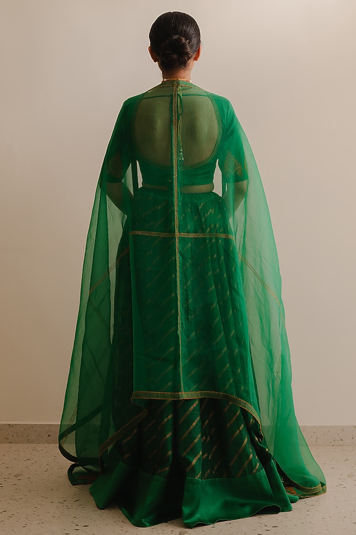 Green Handwoven Chanderi Silk Kalidar Leheriya Wedding Lehenga Set  by Kajal Agrawal at Pernia's Pop Up Shop
