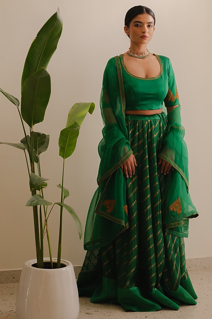Green Handwoven Chanderi Silk Kalidar Leheriya Wedding Lehenga Set  by Kajal Agrawal at Pernia's Pop Up Shop